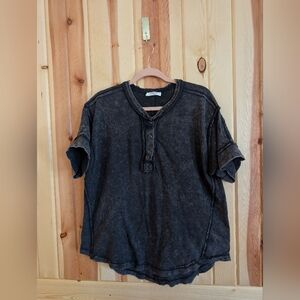 Women's Zenana M Black Short Sleeve Henley Shirt Boho Beachwear Chic